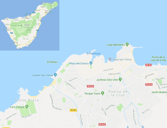 Mapa de situación de Puerto de la Cruz dentro de Tenerife y más de cerca