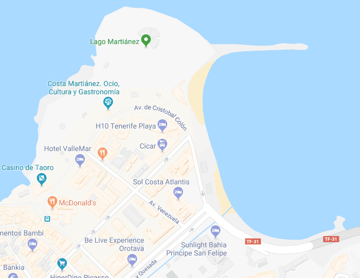 Plano de los hoteles más cercanos a las piscinas y playa de Martiánez 